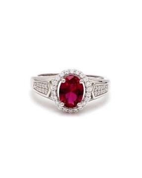 925 sterling silver oval red ruby and american diamond halo ring