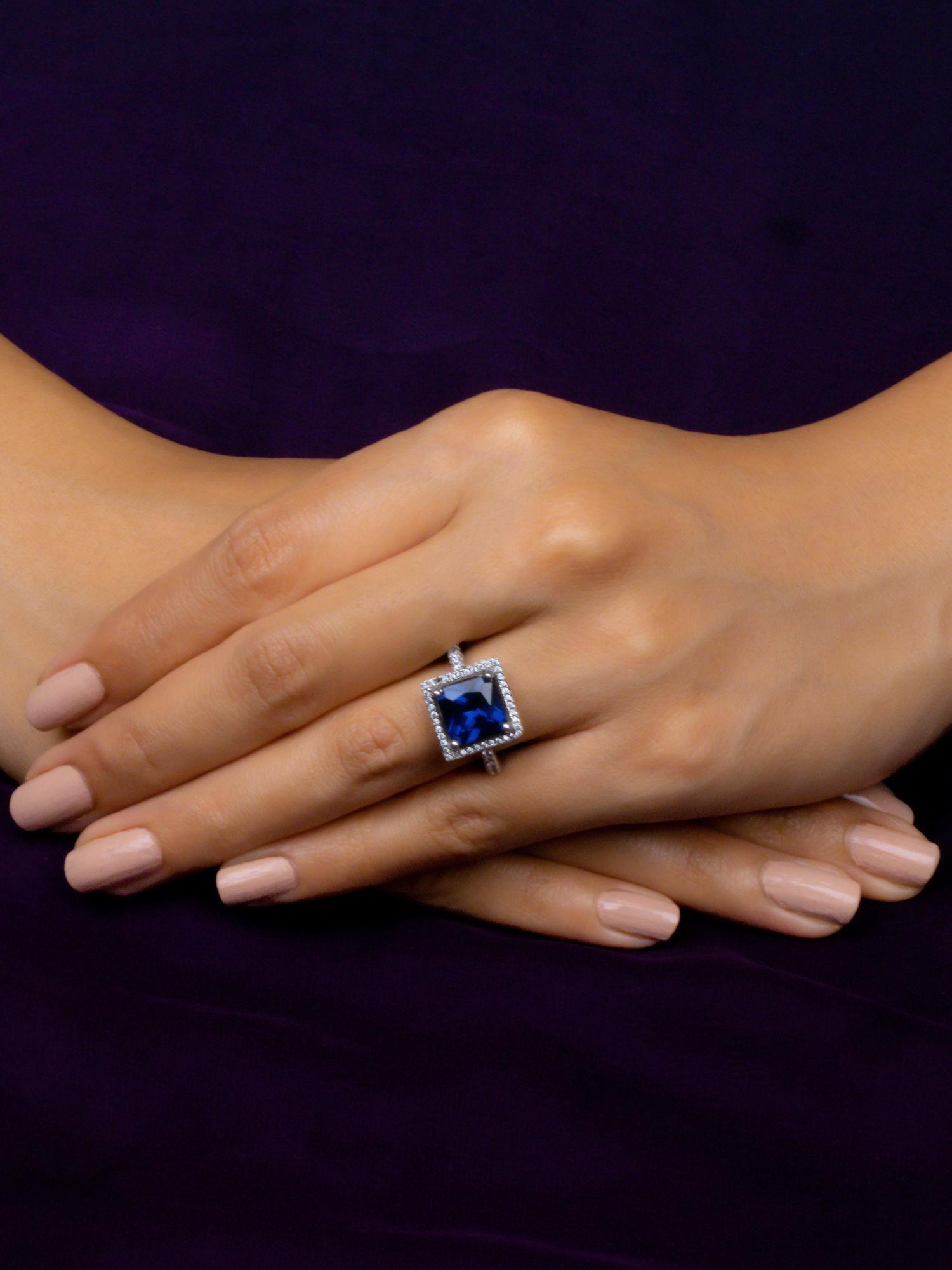 925 sterling silver square blue sapphire and american diamond statement ring for women girls