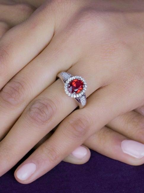 925 silver 1.5 ct solitaire red ruby and american diamond halo ring for women & girls