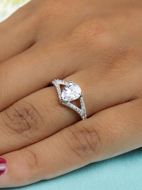 925 silver pear american diamond solitaire wedding engagement ring for women & girls