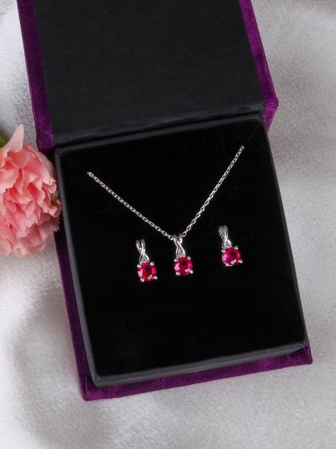 925 silver red ruby and american diamond 18-inch chain necklace and earrings set for women