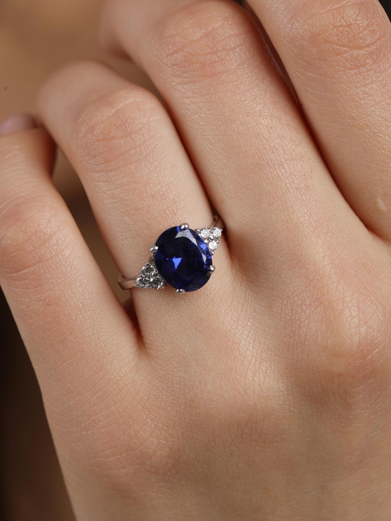 925 silver rhodium plated swiss zirconia royal blue oval adjustable ring for women & girls