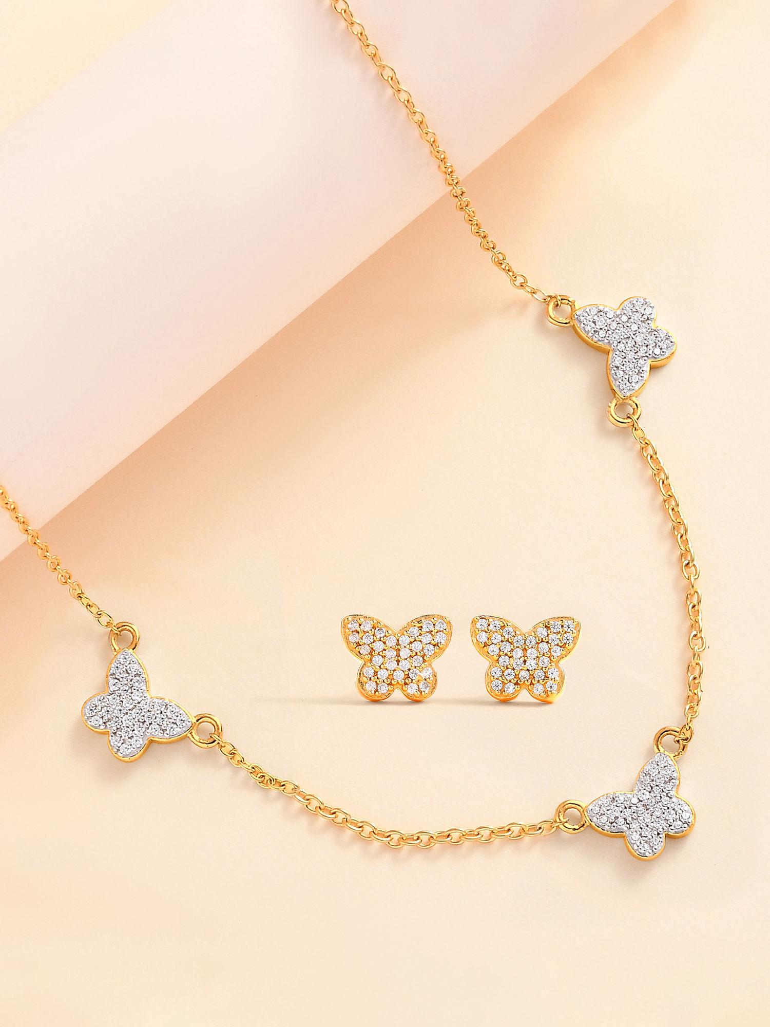925 sterling silver american diamond gold plated butterfly jewellery set for women