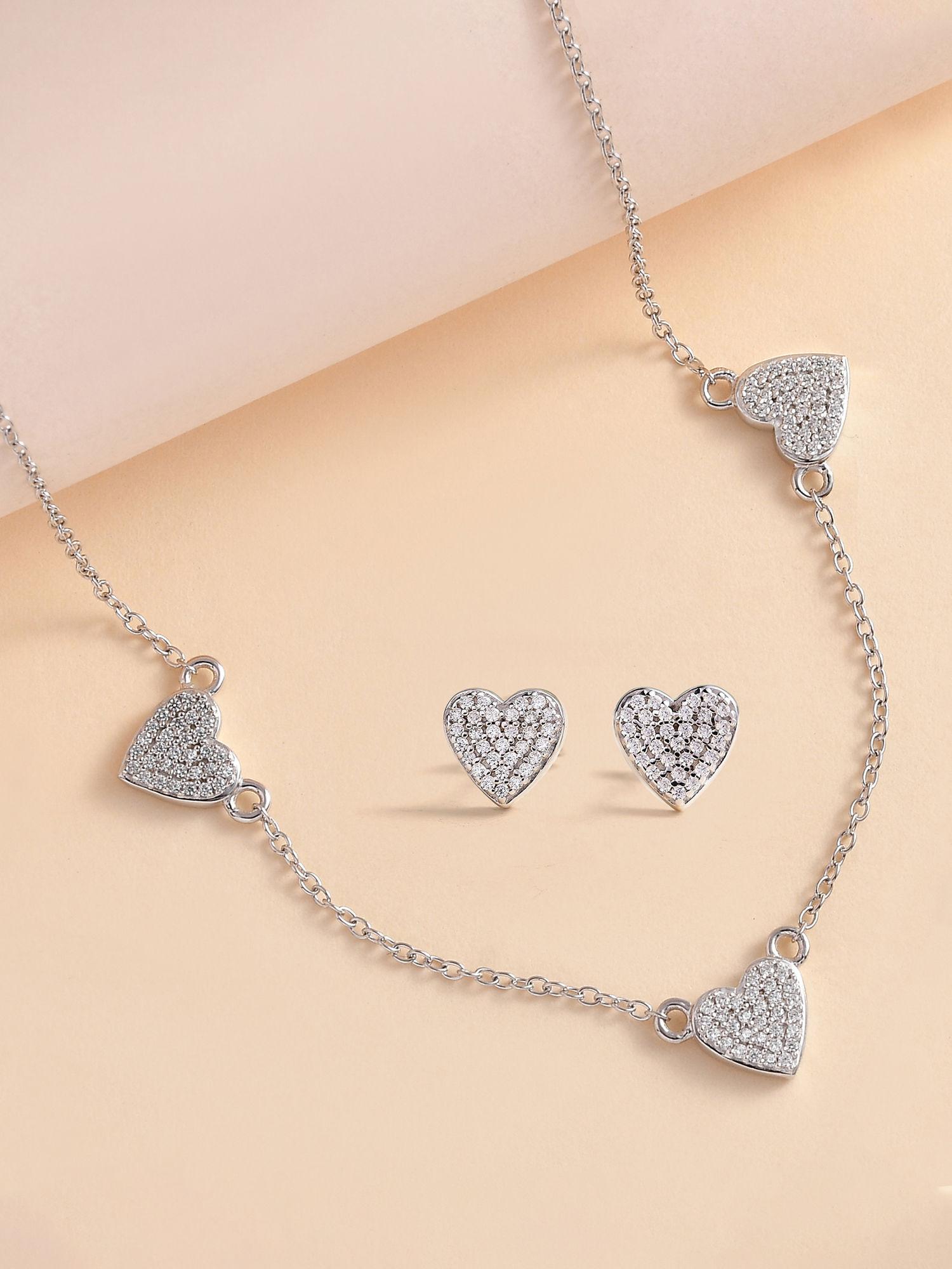 925 sterling silver american diamond heart shape necklace & earring set for women