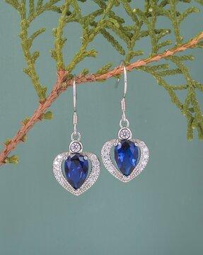 925 sterling silver blue sapphire heart shape dangler earrings