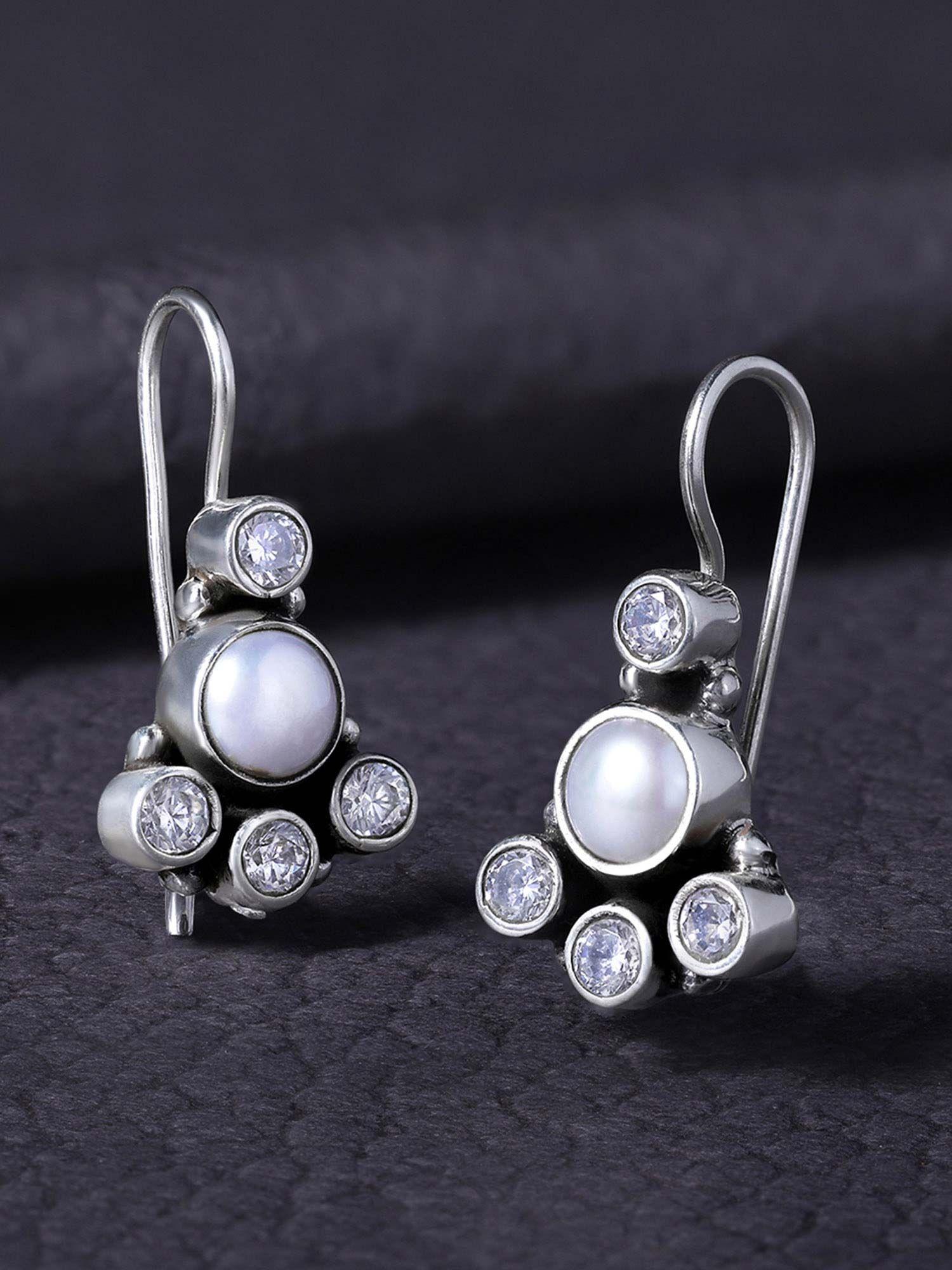925 sterling silver cz oxidised anti tarnish white pearl drop earring jewellery-pf59e52w