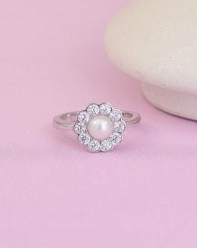 925 sterling silver freshwater pearl american diamond flower ring