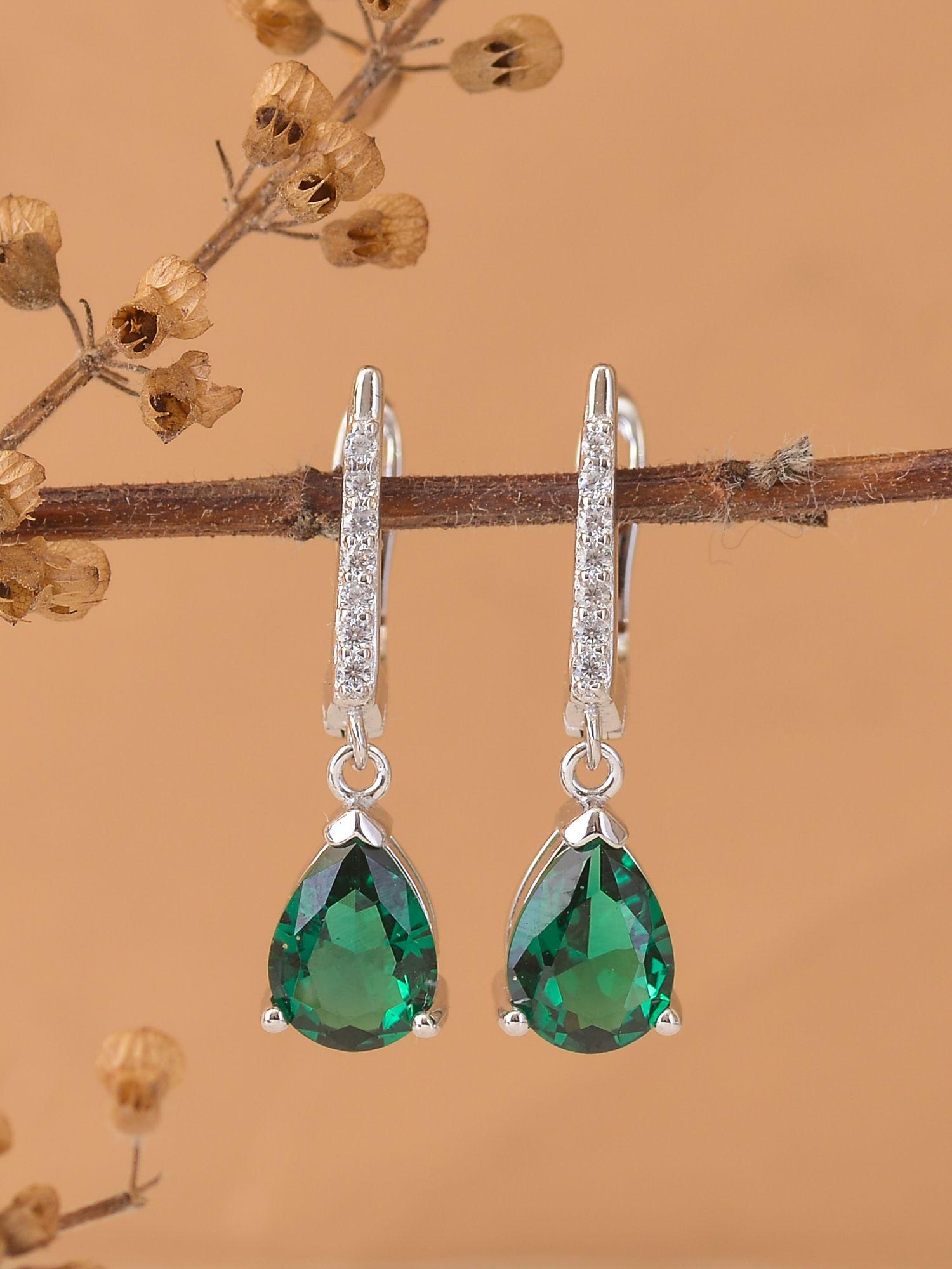925 sterling silver pear green emerald and american diamond dangler earrings for women girls adjustable