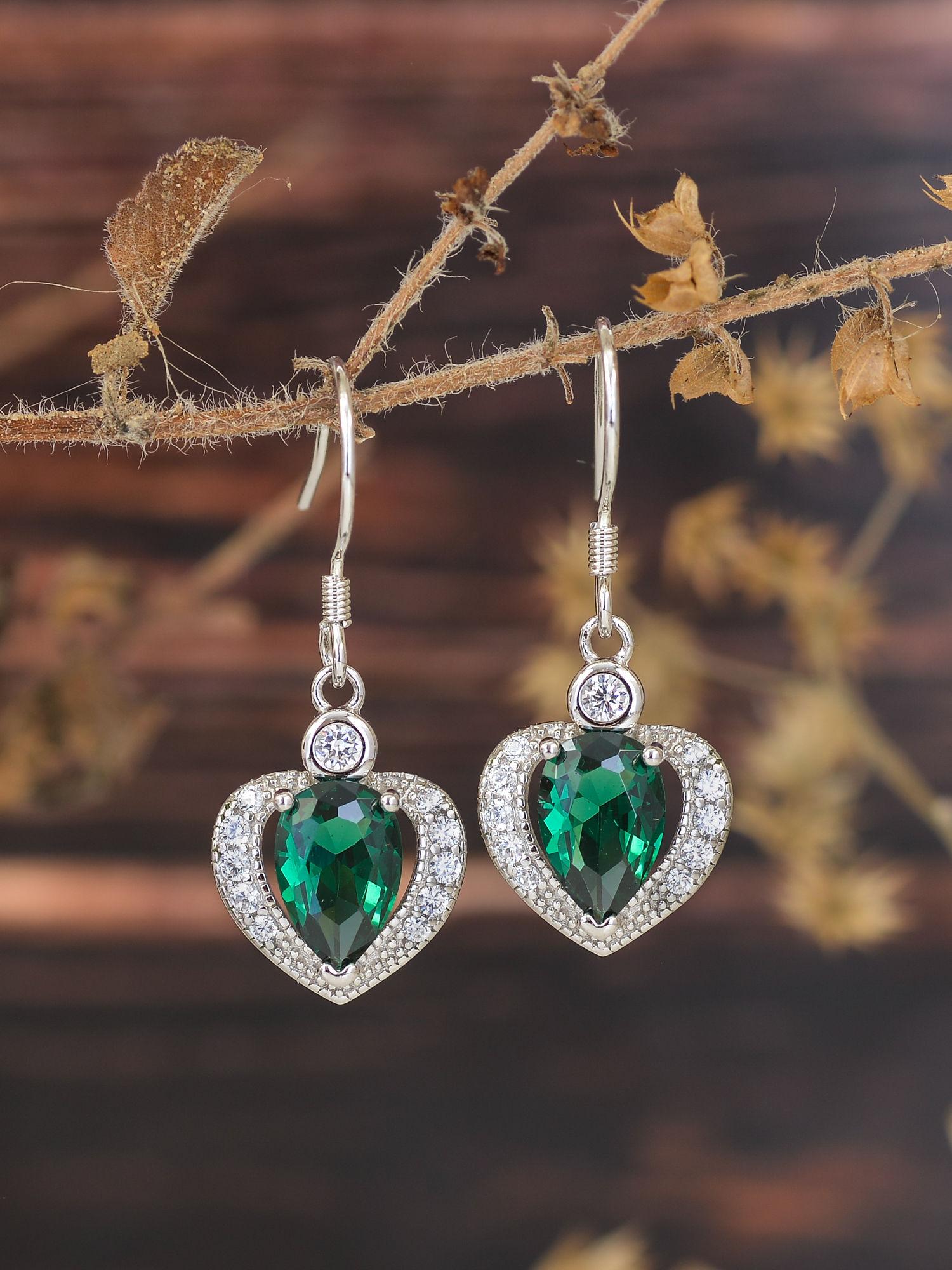 925 sterling silver pear green emerald and american diamond heart dangler earrings for women girls one size