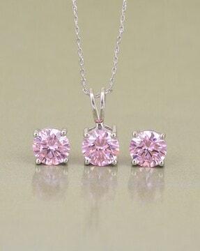 925 sterling silver pink american diamond pendant and earrings set