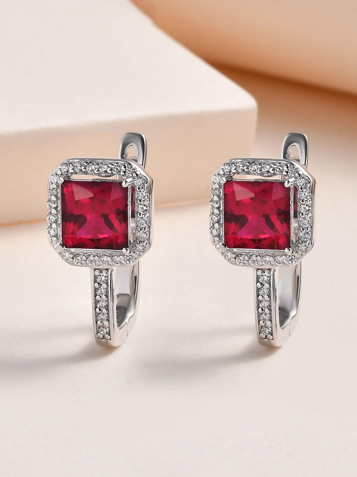 925 sterling silver red ruby and american diamond bali hoop earrings for women girls one size