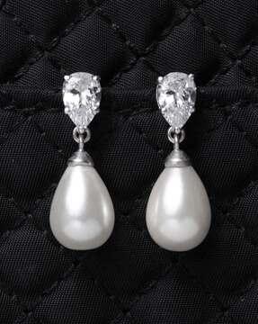 925 sterling silver rhodium-plated stone-studded pearl drop earrings