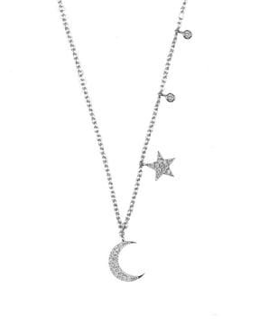 925 sterling silver round american diamond star and moon necklace