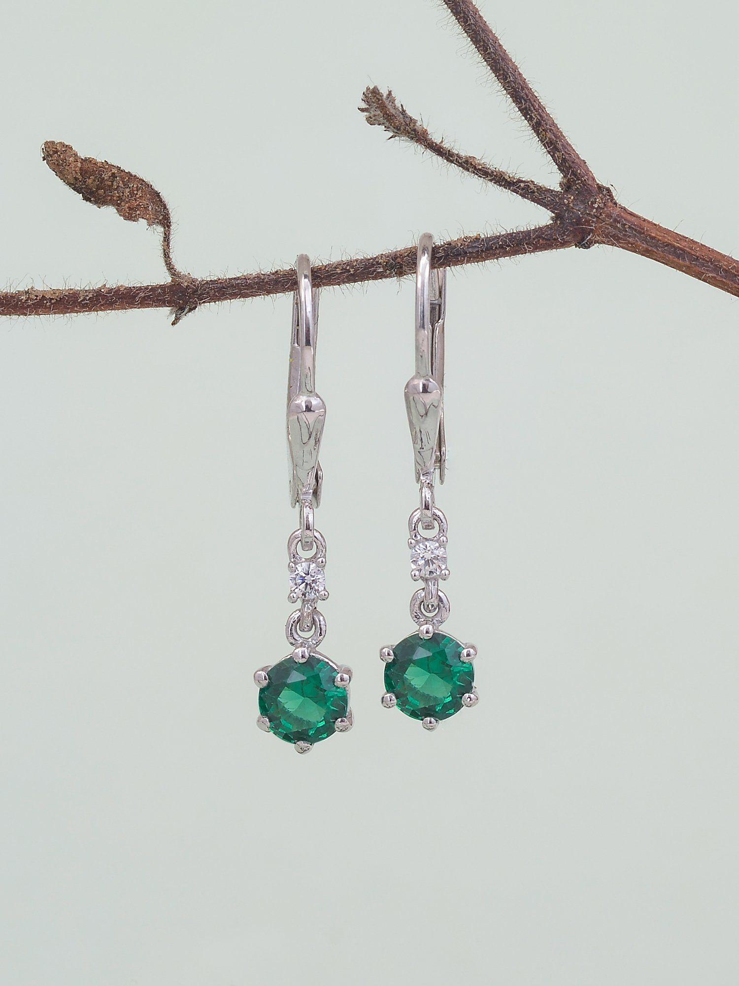 925 sterling silver round green emerald and american diamond dangler earrings for women girls one size
