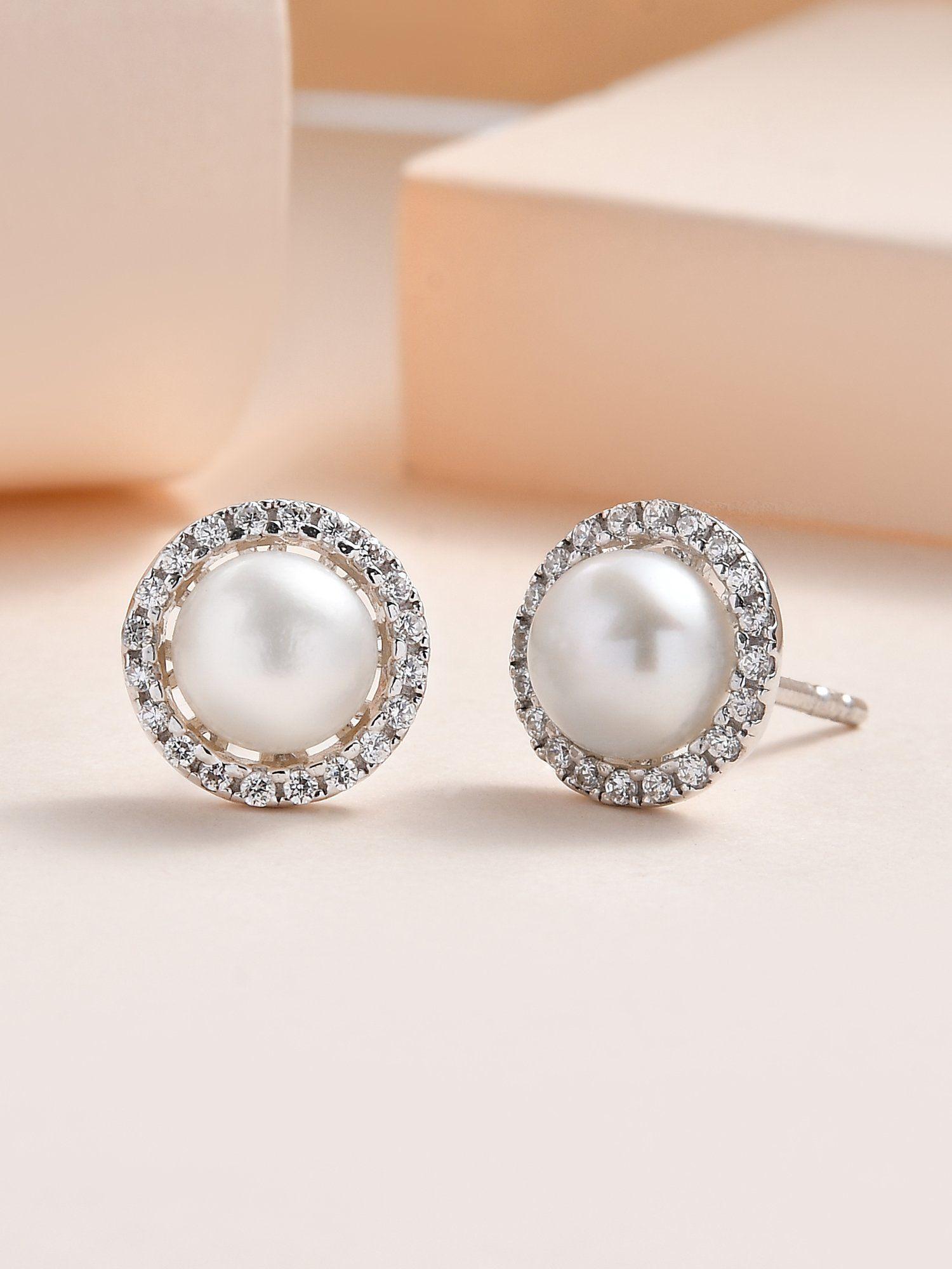 925 sterling silver round natural pearl and american diamond stud earrings for women girls one size