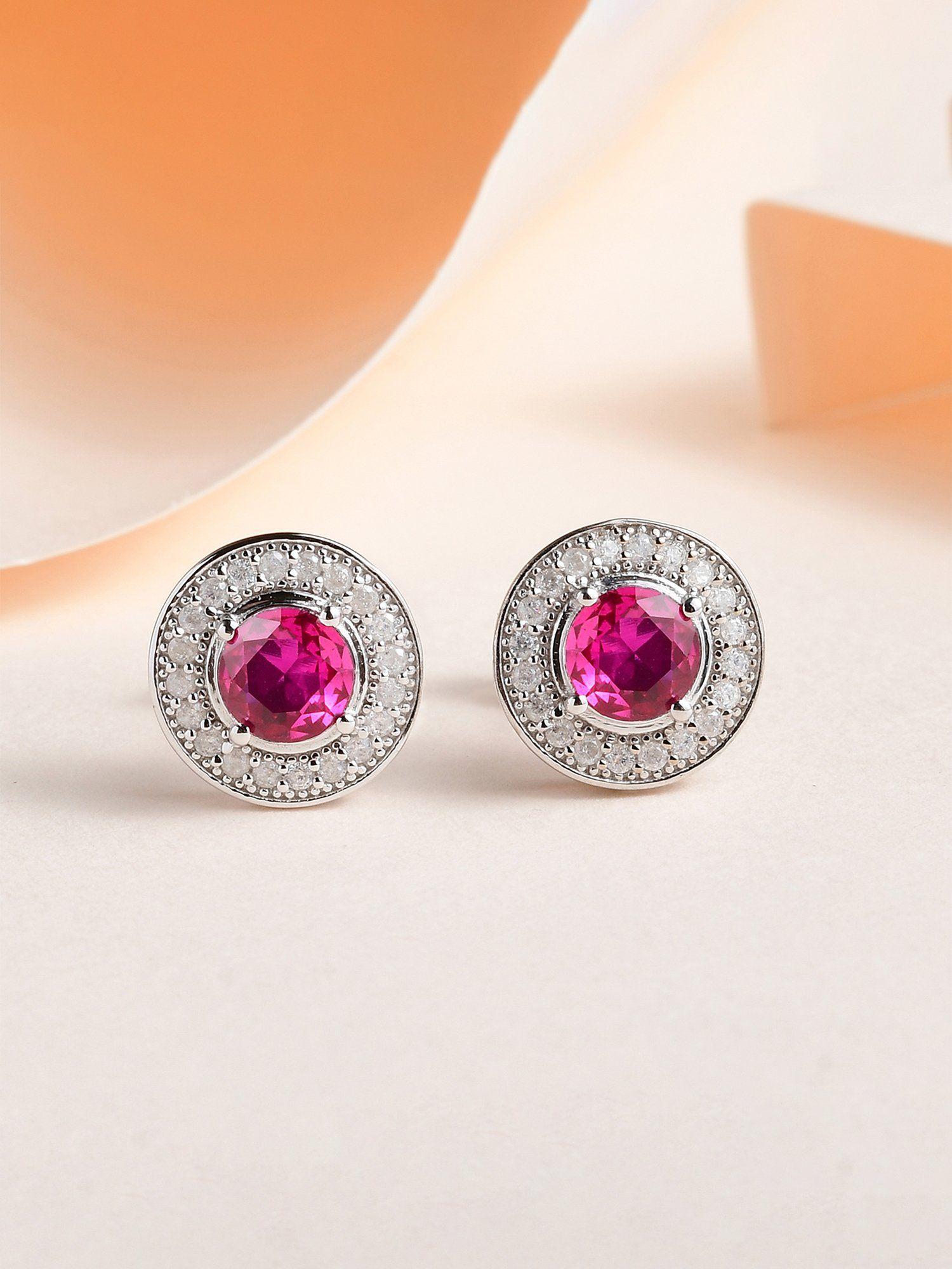 925 sterling silver round red ruby and american diamond halo stud earrings for women girls one size