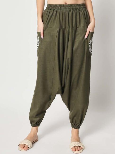 9rasa olive green cotton printed drop-crotch pants