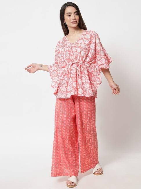 9rasa pink & peach cotton printed kaftan palazzo set