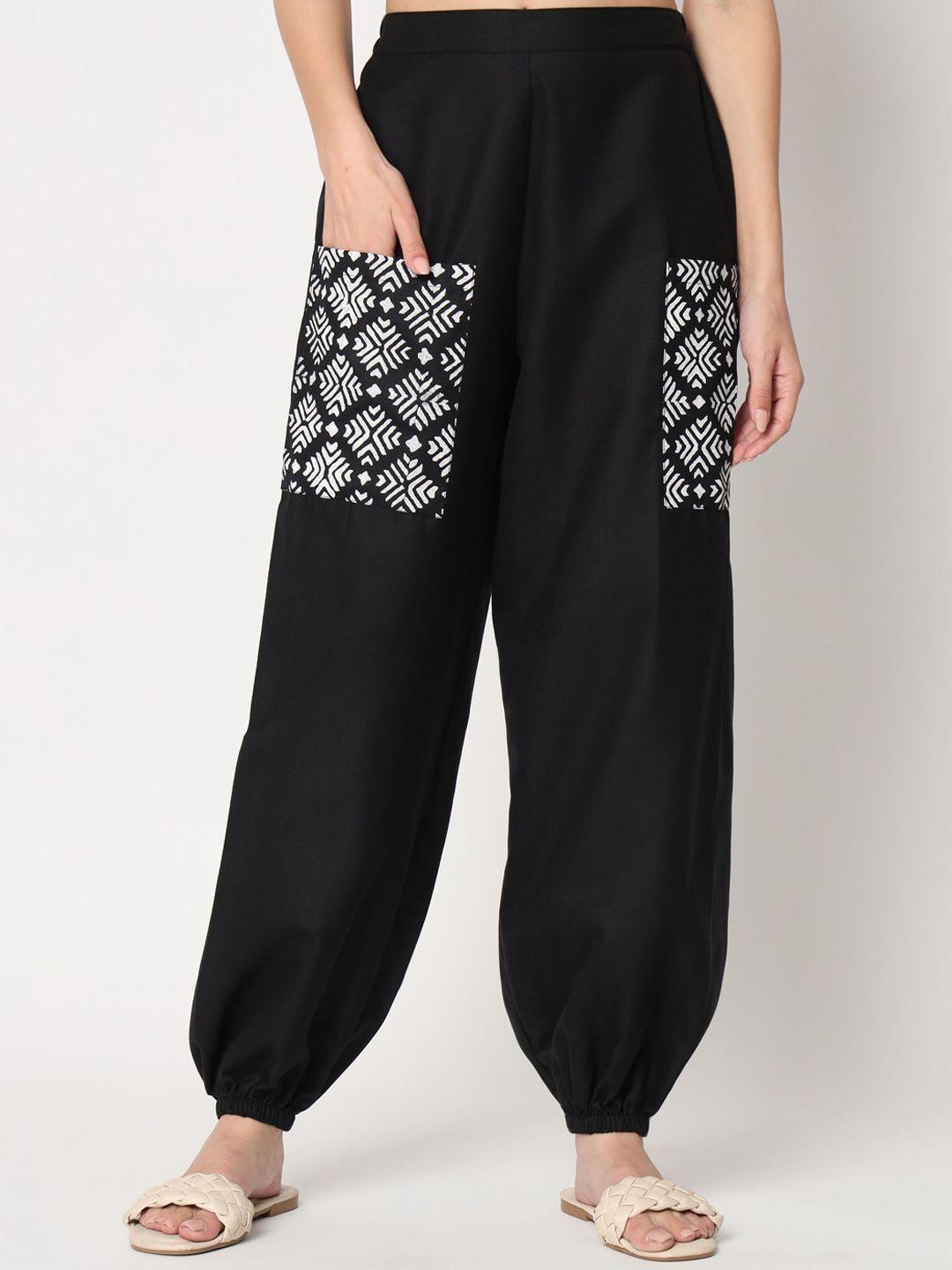 9rasa women black printed loose fit high-rise trousers