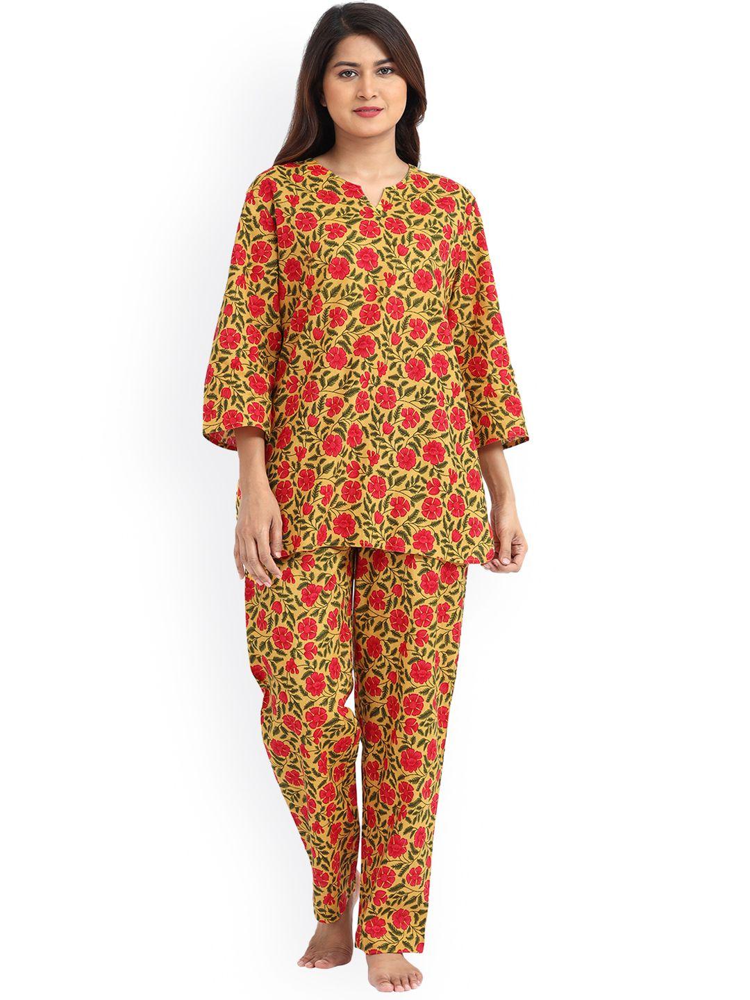 9shines label women yellow & red printed pure cotton night suit