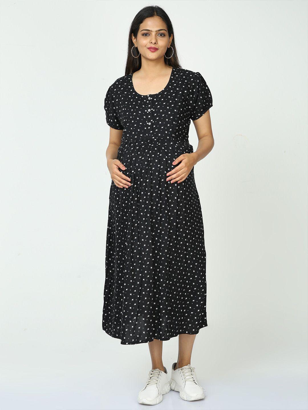 9shines label ethnic motifs printed round neck gathered maternity a-line midi dress