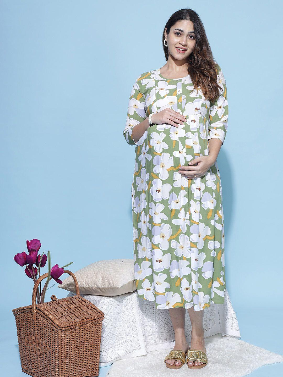 9shines label floral printed pleated maternity a-line midi dress