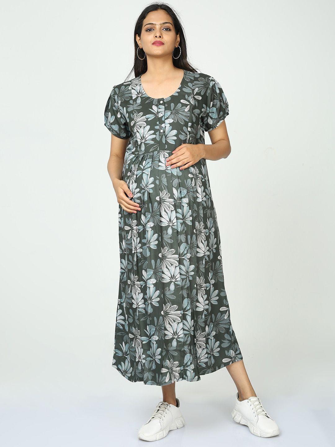 9shines label floral printed puff sleeves maternity a-line midi dress