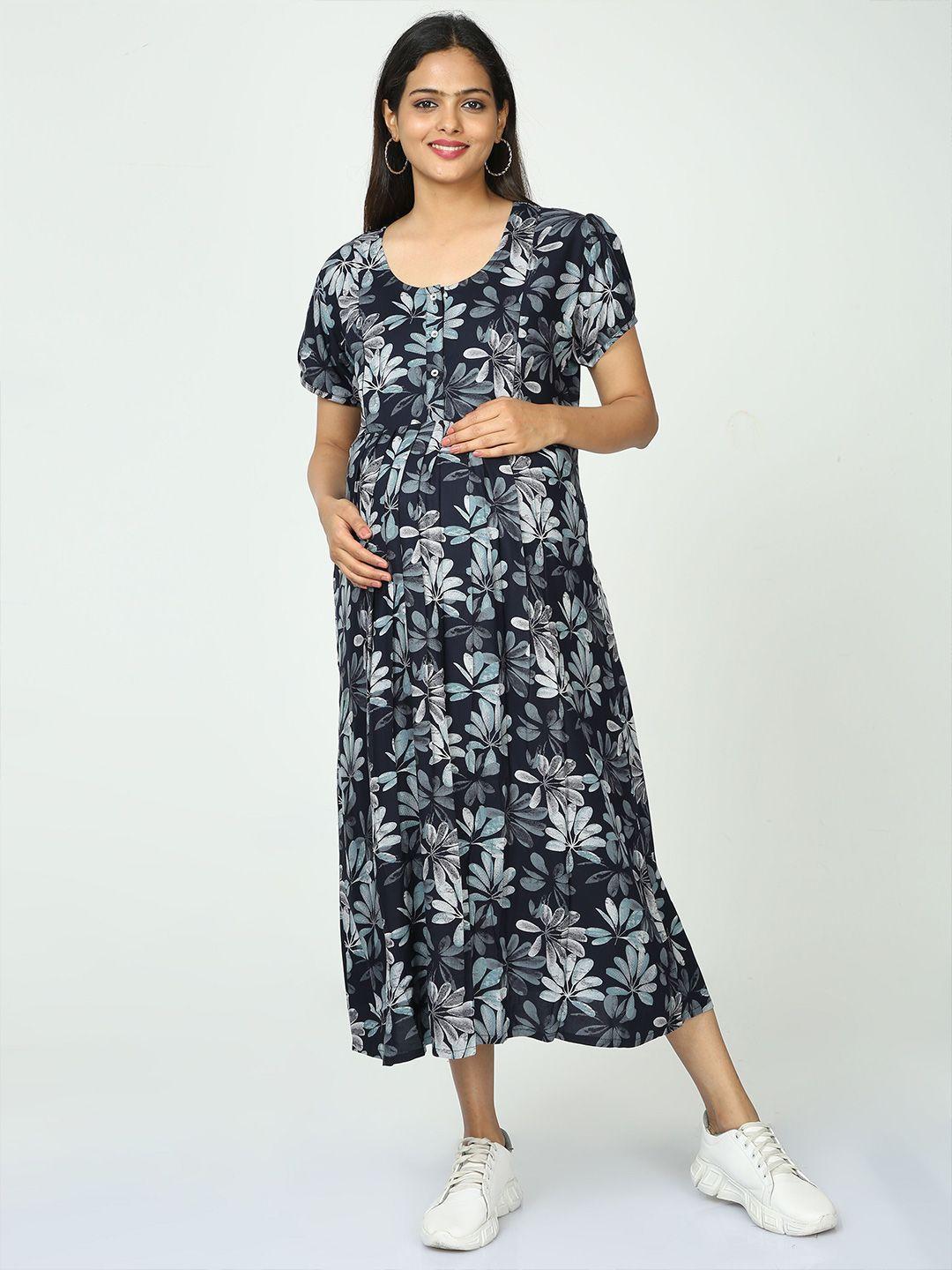 9shines label floral printed round neck gathered maternity a-line midi dress
