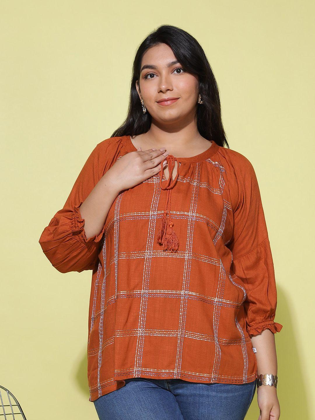 9shines label plus size checked tie-up neck puff sleeves top