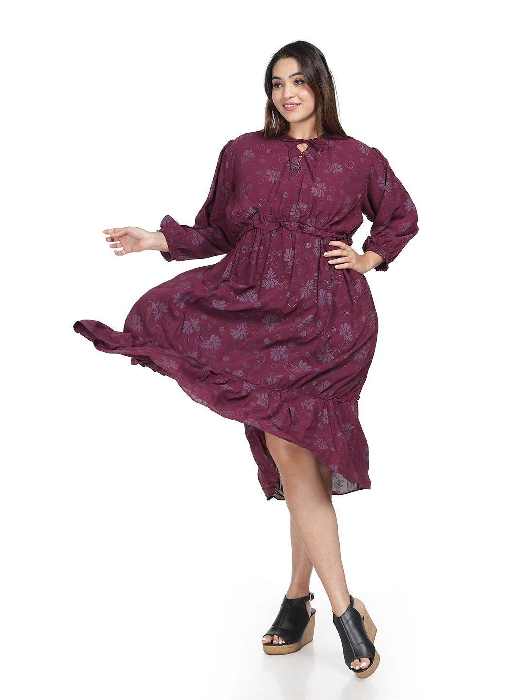 9shines label plus size floral printed tie-up neck fit & flare midi dress