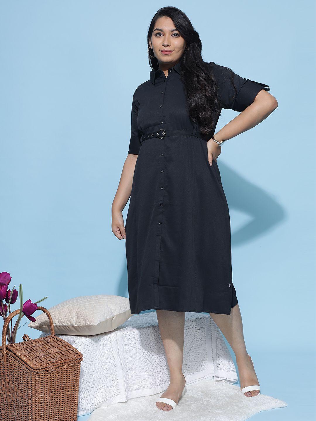 9shines label plus size roll-up sleeves shirt midi belted dress