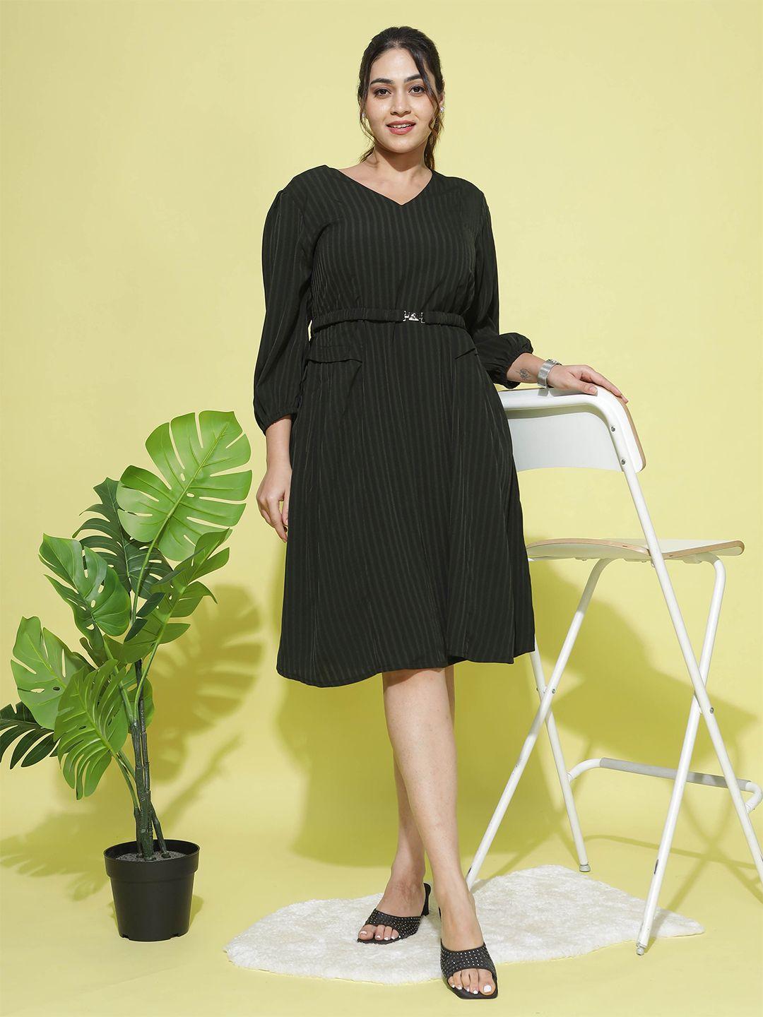 9shines label plus size striped puff sleeves a-line belted dress