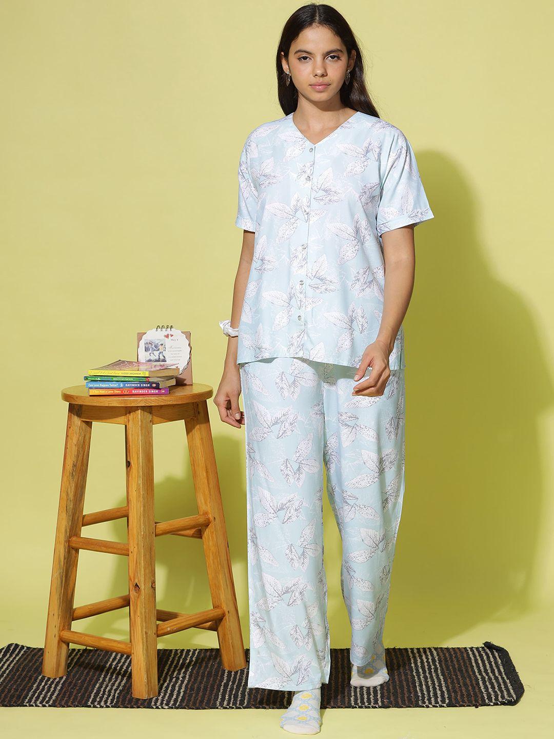 9shines label tropical printed v-neck shirt with pyjamas