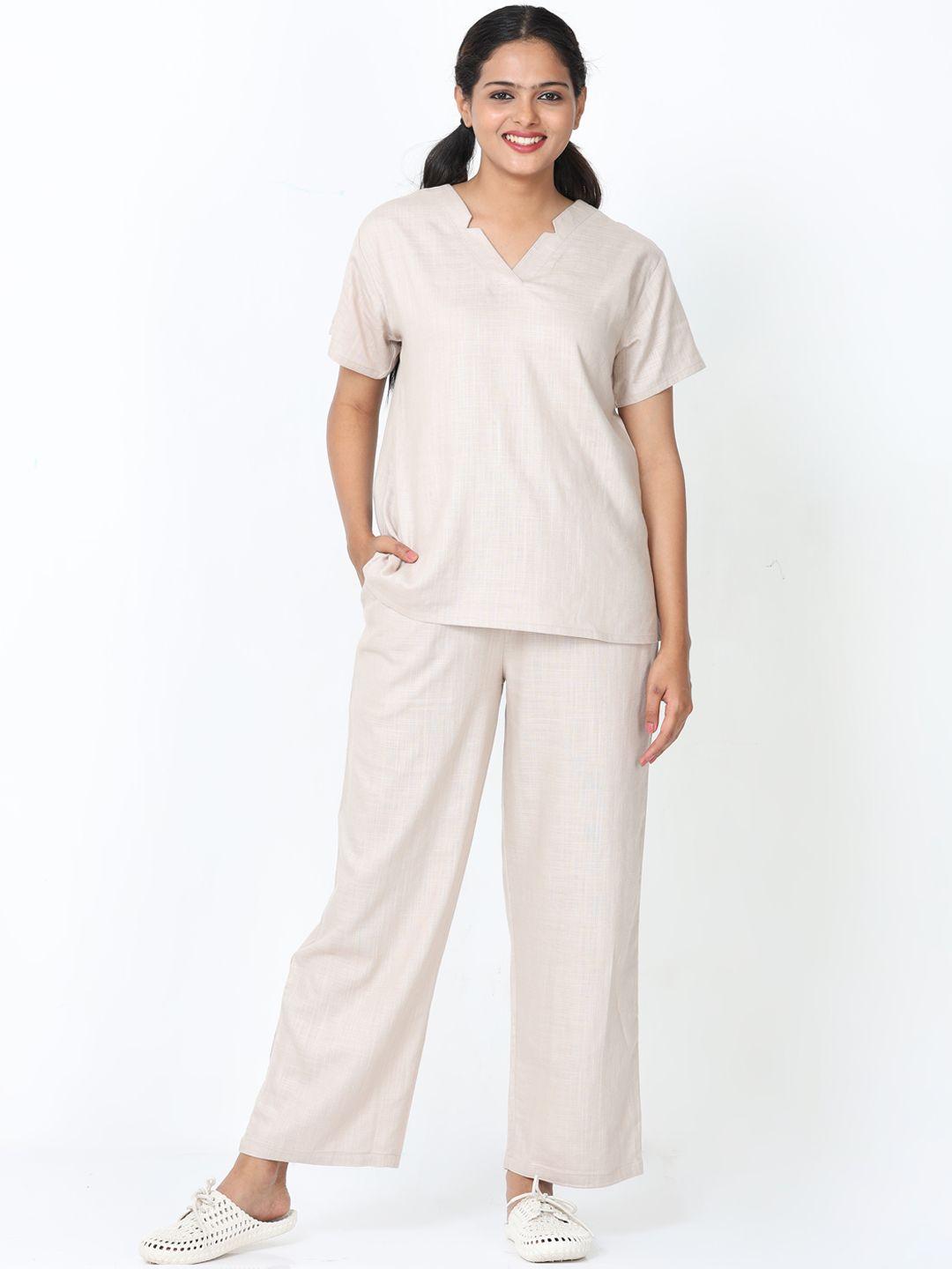 9shines label v-neck cotton linen night suit