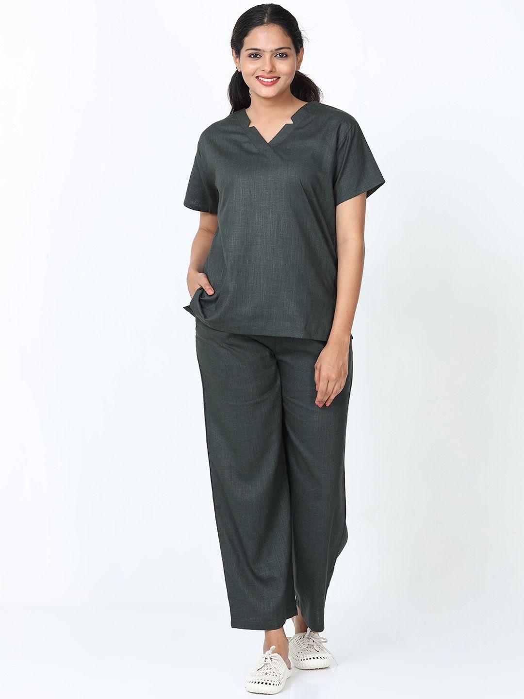 9shines label v-neck cotton linen night suit