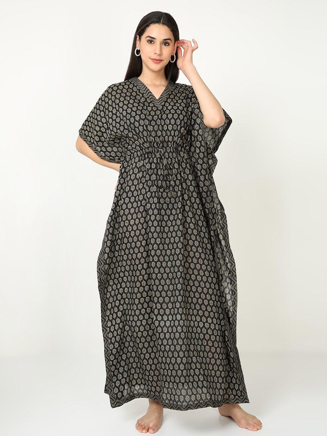 9shines label women black printed kaftan nightdress