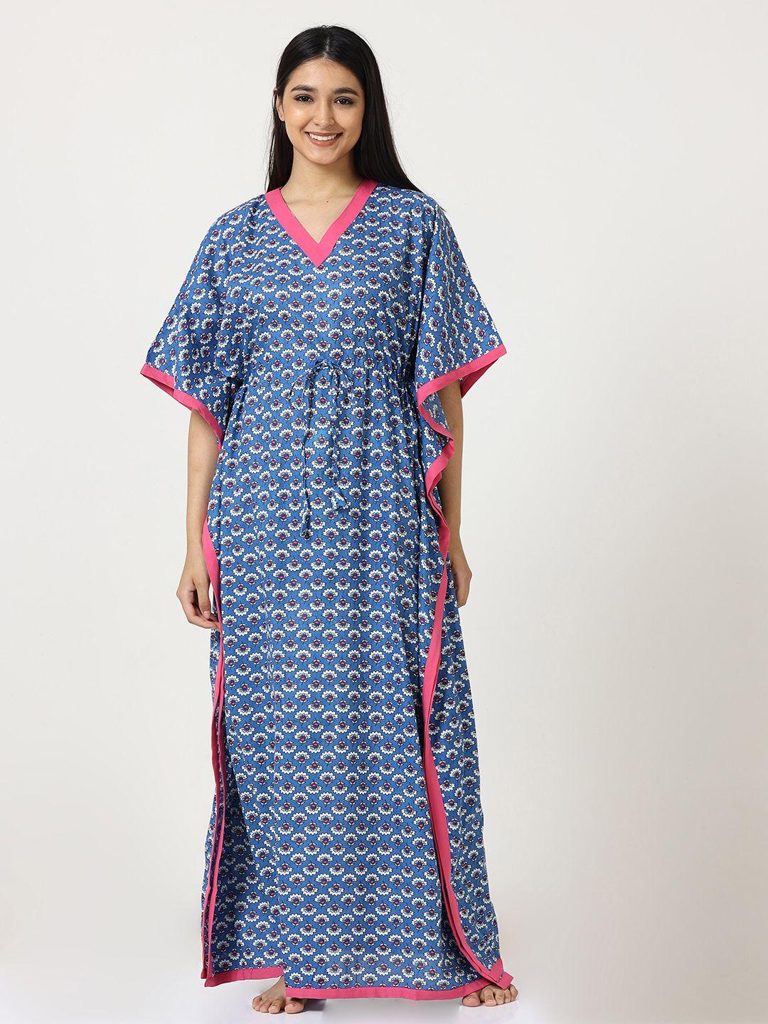 9shines label women blue floral printed pure cotton kaftan maxi nightdress