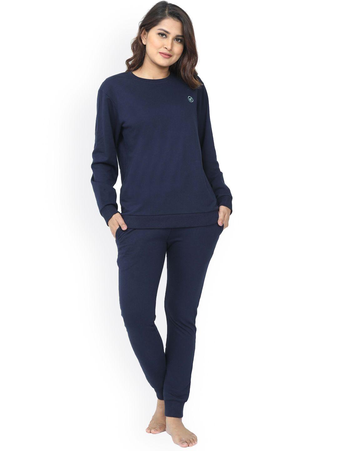 9shines label women navy blue pure cotton night suit