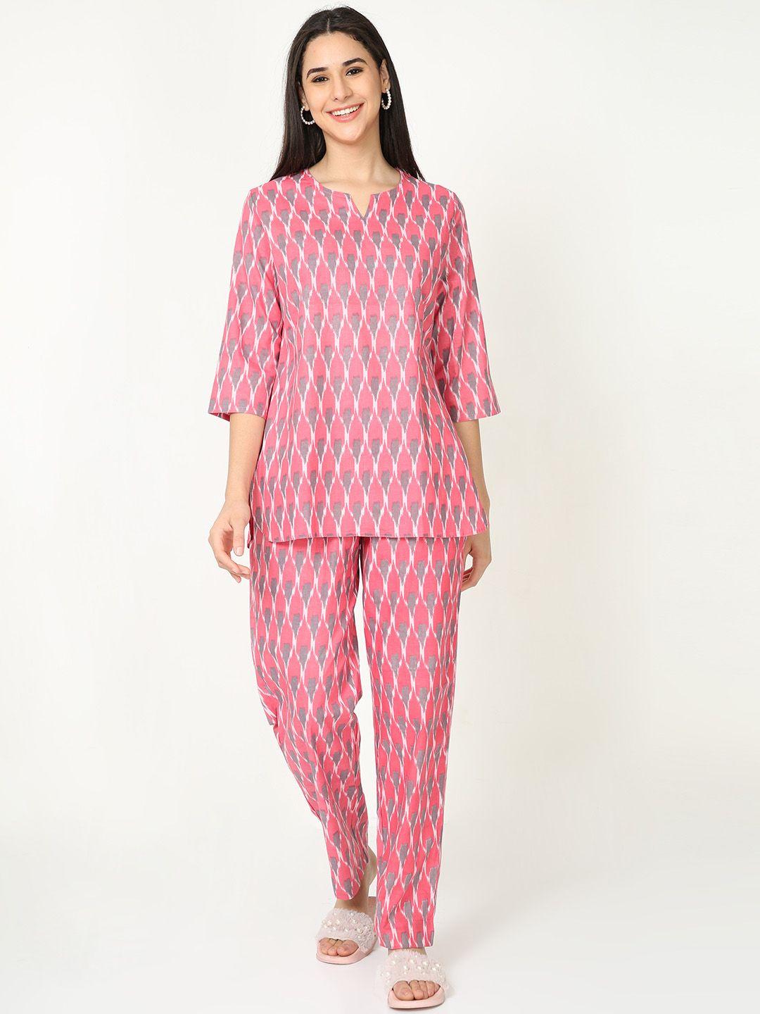 9shines label women pink & grey printed night suit