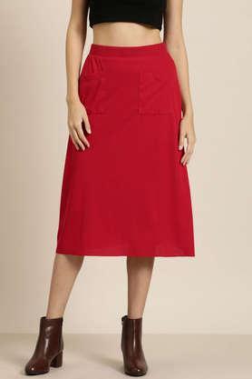 a line knee length cotton lycra women's casual wear skirt - red