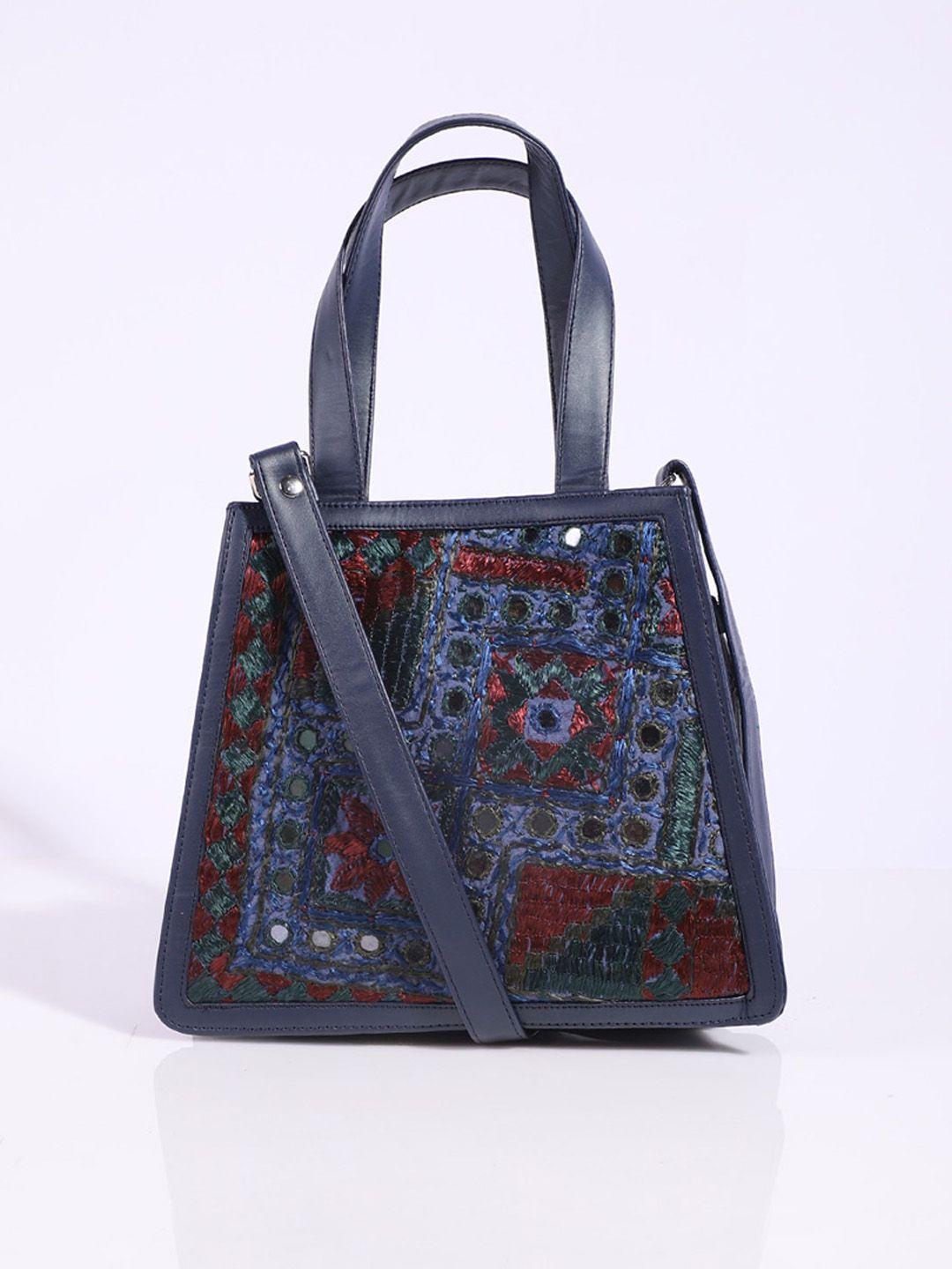 a big indian story ethnic motifs embroidered leather oversized shopper tote bag