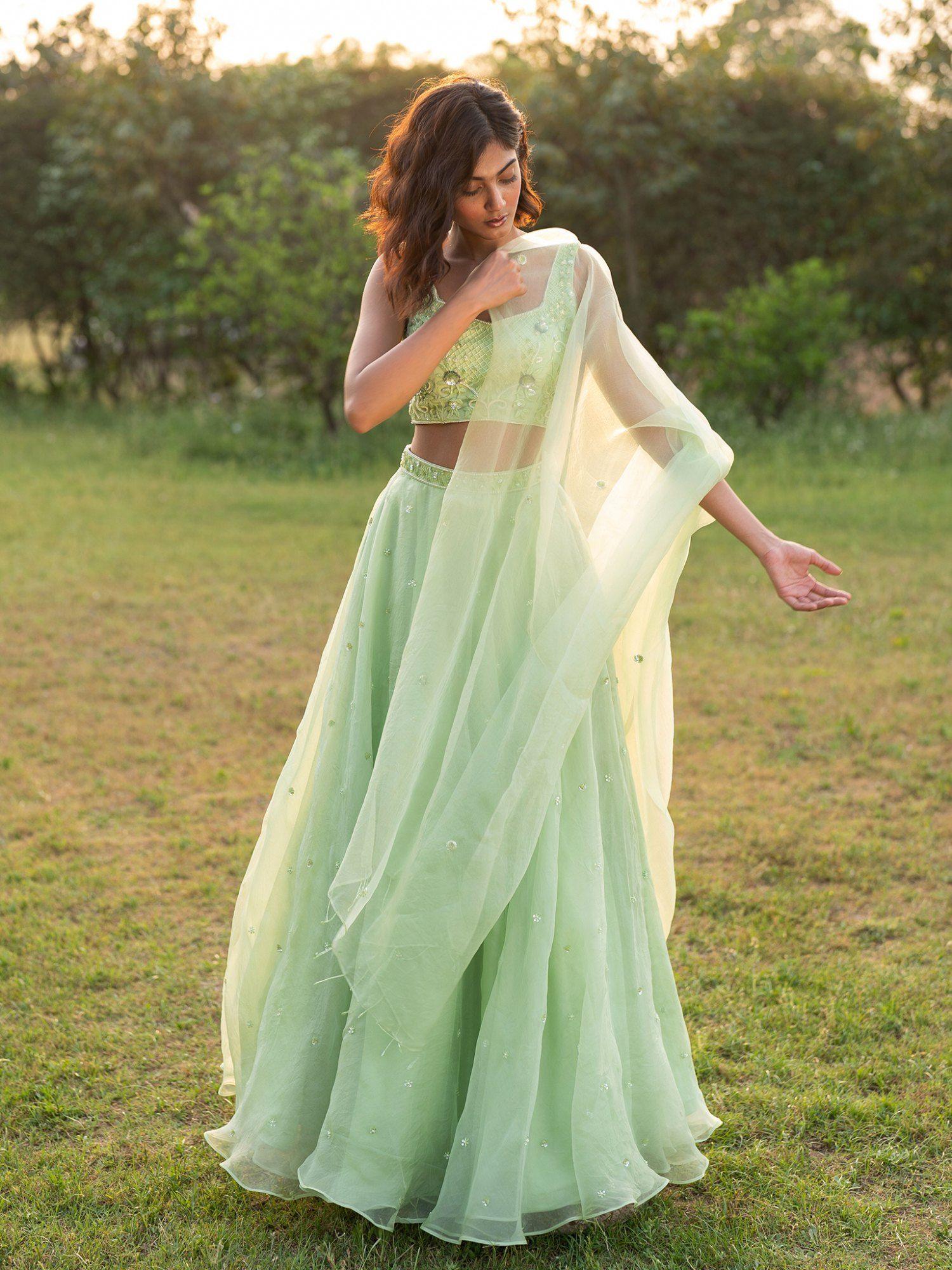 a light green embroidered- sequined lehenga with blouse and dupatta (set of 3)