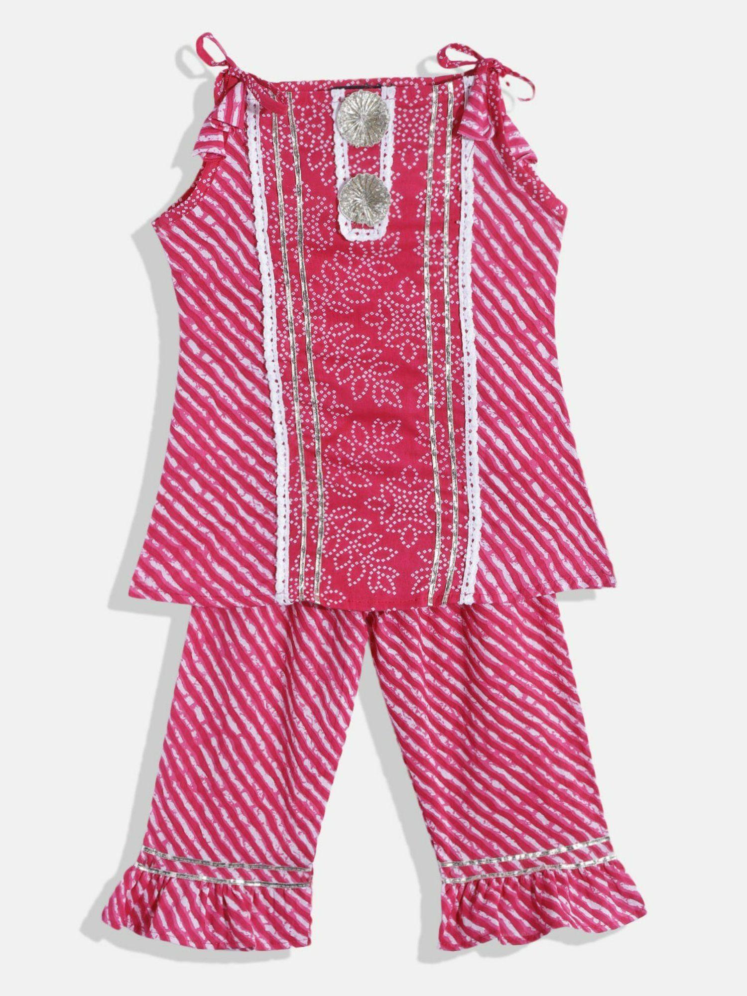 a-line cotton pink stripes kurta with pyjama (set of 2)