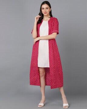 a-line dress with bandhani print jacket