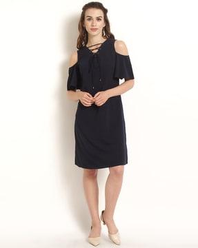 a-line dress with cold-shoulder sleeves