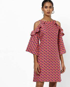 a-line dress with ruffled cold-shoulder sleeves