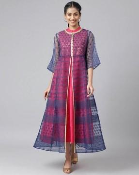 a-line floral print shrug with sequined inner kurta