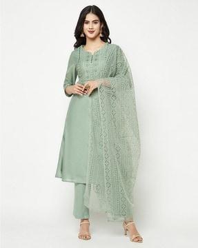 a-line kurta set with embroidered yoke