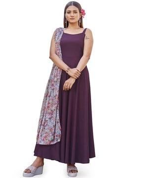 a-line kurta set with floral print dupatta