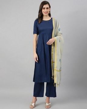 a-line kurta set with printed dupatta